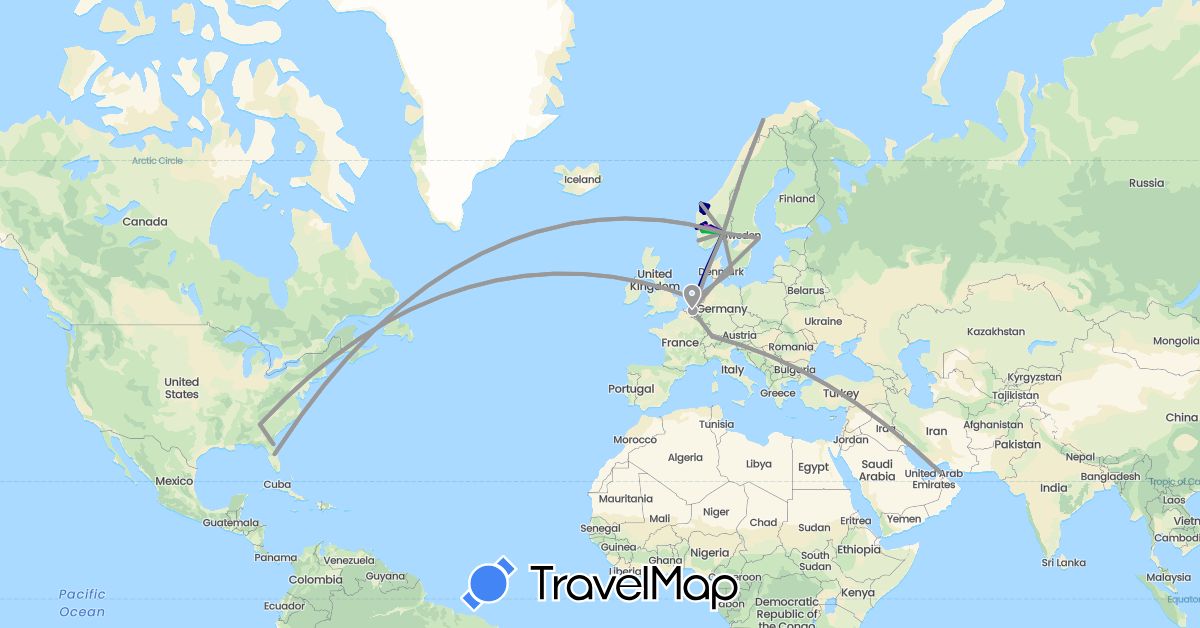 TravelMap itinerary: driving, bus, plane, train in United Arab Emirates, Belgium, Switzerland, Denmark, Netherlands, Norway, Sweden, United States (Asia, Europe, North America)